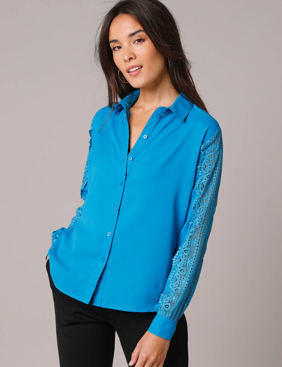 Chemisier boutonné dentelle uni (bleu) Chemisier boutonné dentelle uni (bleu)